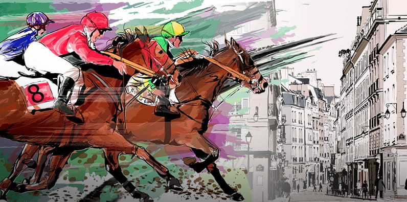 A graphic image of three horses racing in a city with buildings